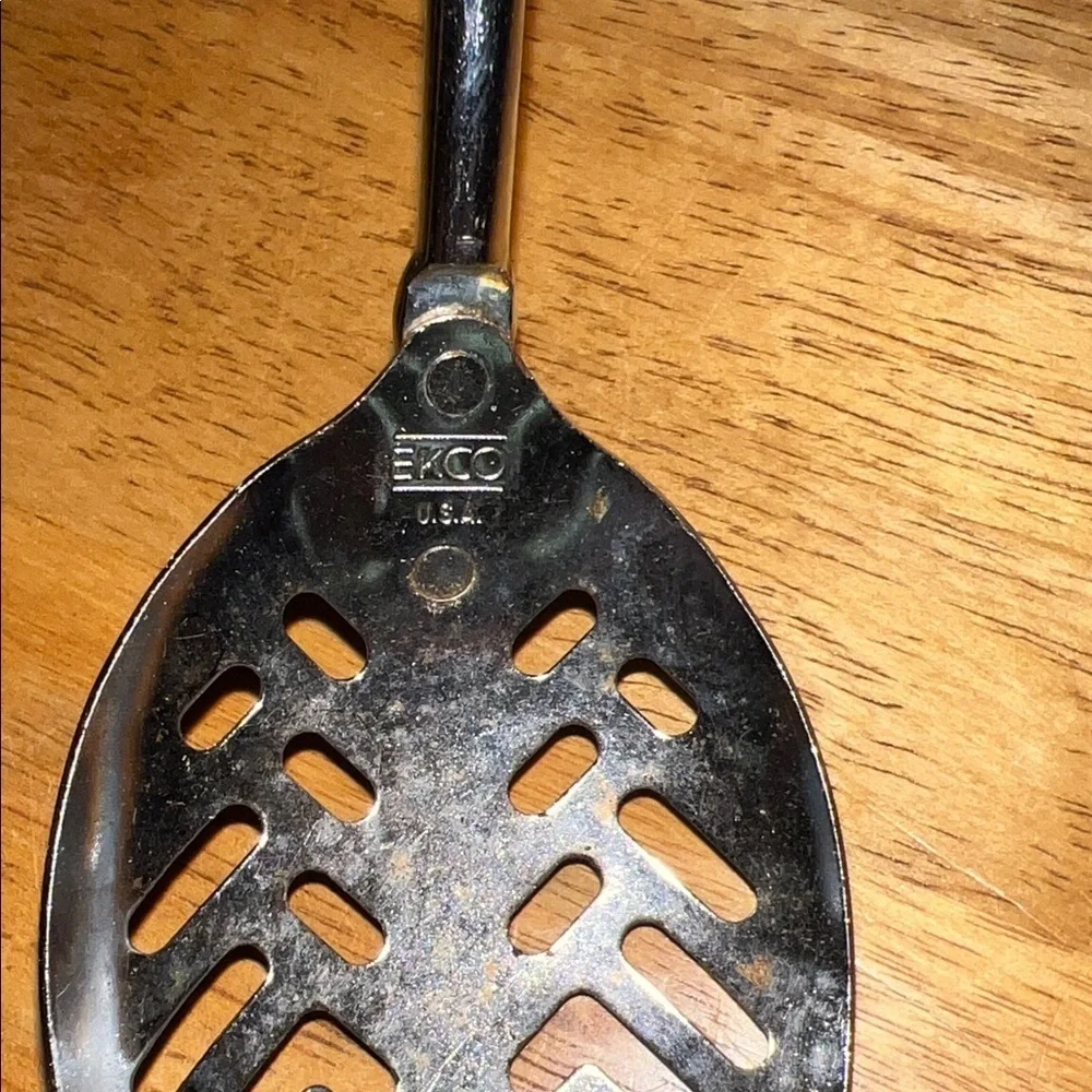 Ekco Vintage Slotted Spoon White Handle Chromium Plated Made in USA